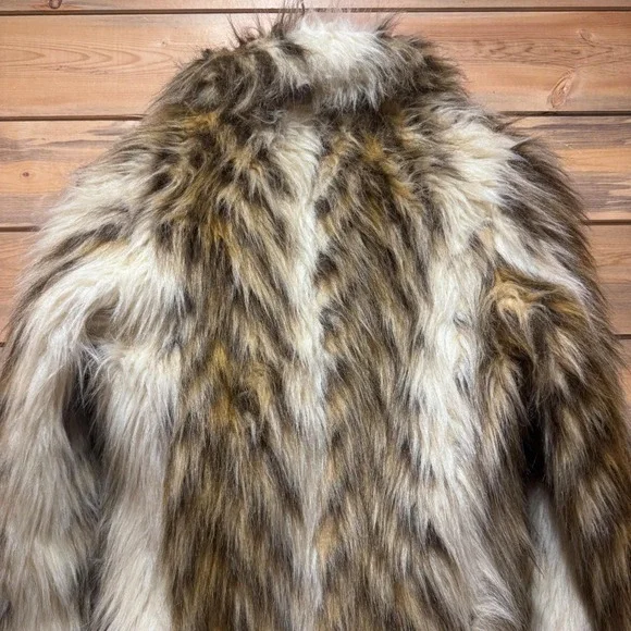 Vintage Long Hair FauxFur Statement Coat Brown Cream Tan Jacket Mobwife FestivaL - Picture 7 of 9